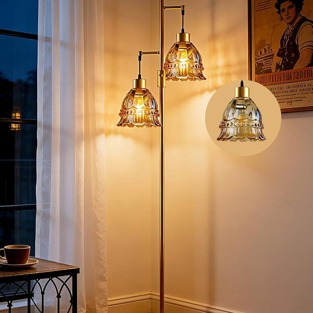 Lightdot 65IN Glass Floor Lamp for Living Room, 2- Light Gold Flower Floor Lamps with Brown Glass Lampshade, 3000K Warm White Modern Standing Tall Lamp for Bedroom Corner