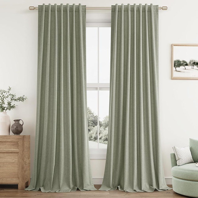 Sage Green Linen Blackout Curtains 84 Inch Length 2 Panels Set for Living Room Bedroom Back Tab Thermal Insulated 100% Black Out Linen Drapes Room Darkening Window Curtains 84 Inches Long