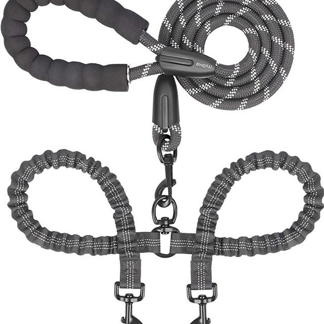 iYoShop Dual Dog Leash, Double Dog Leash, 360 Swivel No Tangle Double Dog Walking Training Leash, Comfortable Shock Absorbing Reflective Bungee for Two Dogs