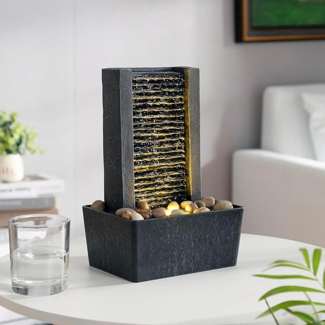 Haobos House Decorative Indoor Fountain Meditation Gurgling Water Fountain,Women Gift for Mom, Home/Office Decor with Led Light/Cobbles(180041A)
