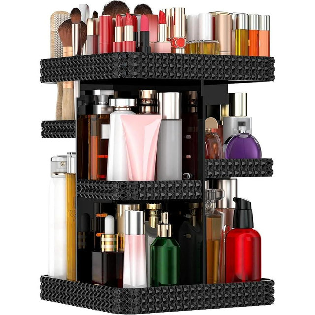 DALEMKY 360 Rotating Makeup Organizer - Black Acrylic Makeup Storage for Vanity, Cosmetic Organizer with Lotion and Perfume Holder for Dresser