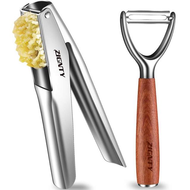 ZIGNTY Premium Kitchen Tool Kit, Stainless Steel Garlic Press + Ultra Sharp Y Shaped Wooden Peeler, Heavy Duty Ergonomic Handle, 5-year Warranty