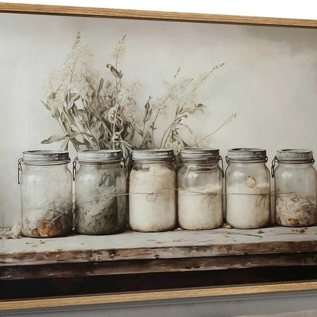 Floating Framed Kitchen Wall Art Vintage Mason Jar Wall Decor Rustic Farmhouse Culinary Still Life Canvas Prints Painting Botanical Herb Spice Poster Pictures for Dining Room Living Room 12x16 Inch
