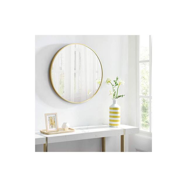 SONGMICS Round Mirror, Bathroom Mirror for Wall, 24 Inches, Metal Frame, Easy to Install, Ink Metallic Gold