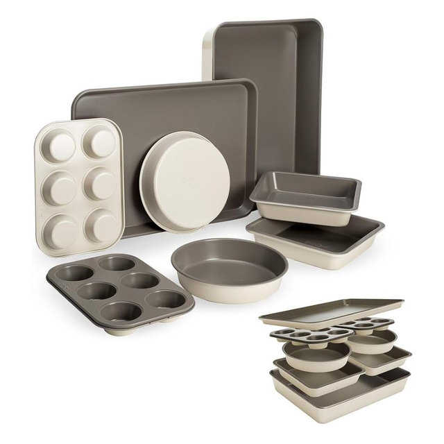Goodful All-In-One Nonstick Bakeware Set, Stackable and Space Saving Design includes Round and Square Pans, Muffin Pans, Cookie Sheet and Roaster, Dishwasher Safe, 8-Piece, Linen