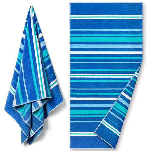 Reversible Premium Large Beach Towel 34 x 64 inch - Luxury Soft Velour in Front and Absorbent Cotton Terry Loop on Reverse Side. (Cool Stripes, Single 34"x 64")
