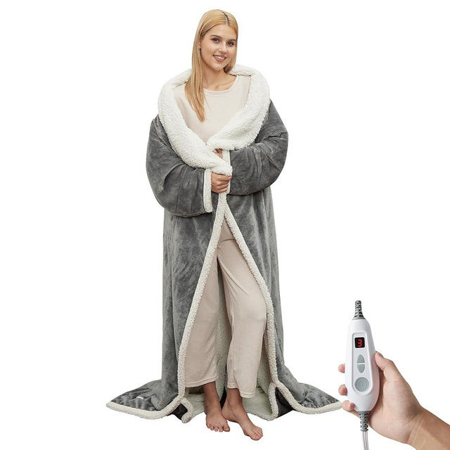 GarveeHome Wearable Heated Blanket with Foot Pocket,Electric Snuggle Blanket with Sleeves,6 Heating Levels & 2/4/8/10H Time Settings,Machine Washable,Gift for Family & Friends,50 * 70"+18", Dark Gray