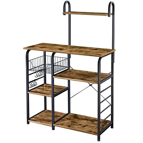 Yaheetech 35.5 inch Industrial Kitchen Baker's Rack, 4-Tier Microwave Oven Stand Workstation Organizer Shelf with Metal Frame, Utility Storage Shelf for Spices with 10 S-Hooks