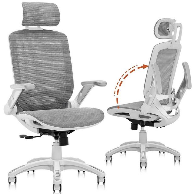 GABRYLLY Ergonomic Office Chair, High Back Home Desk Chair with Headrest, Flip-Up Arms, 90-120° Tilt Lock and Wide Cushion, 400LBS Mesh Chairs for Man Woman, White Task Chair(Dark Grey,GY01WDG)