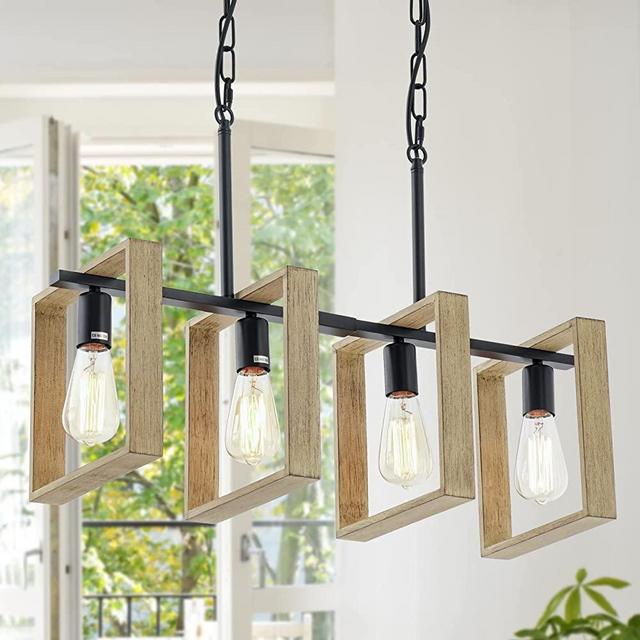 Farmhouse Kitchen Light Fixtures, 4-Light Adjustable Dining Room Light Fixture Over Table with Wood Frame, Rustic Wood Chandeliers Black Metal Hanging Pendant Lighting for Pool Table lights,Restaurant