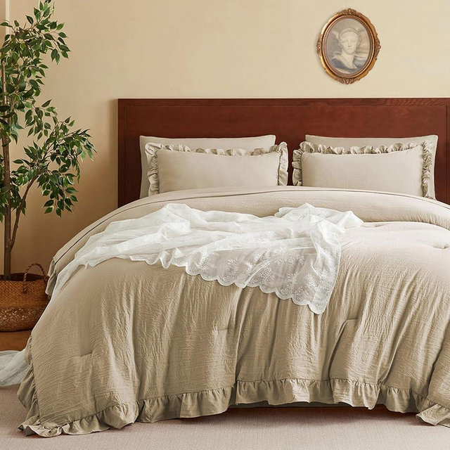 MR&HM King Size Comforter Set Linen, Ruffle Comforter Set 7 Pieces, Lightweight & Fluffy Comforter for All Season, Shabby Chic Farmhouse Bed in a Bag with Comforter and Sheets, Pillowcases & Shams