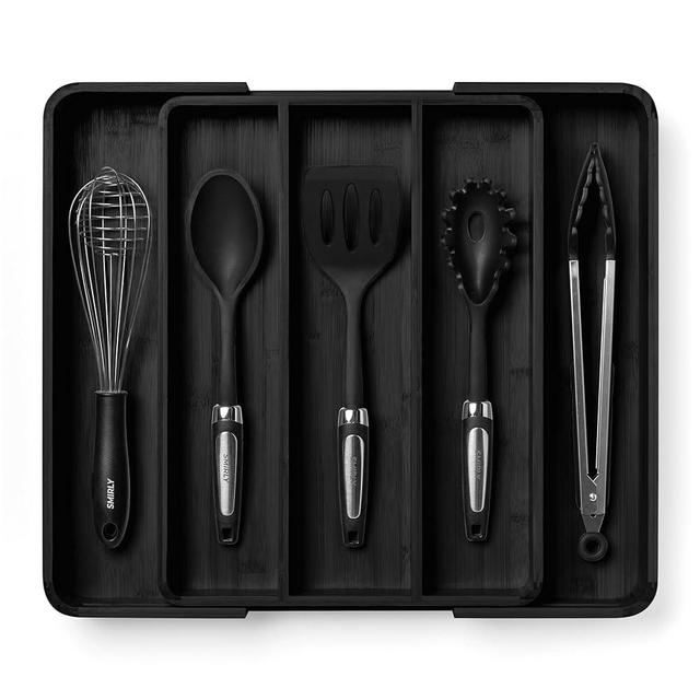 SMIRLY Bamboo Silverware Drawer Organizer - Expandable Kitchen Drawer Organizer, Kitchen Utensil Organizer for Kitchen Drawers - Silverware Tray for Drawer (Black, 5 Compartment Expandable)