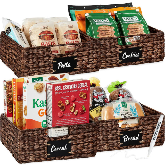 Best Choice Products Set of 4 13in Woven Water Hyacinth Pantry Baskets w/ Chalkboard Label, Chalk Marker - Brown