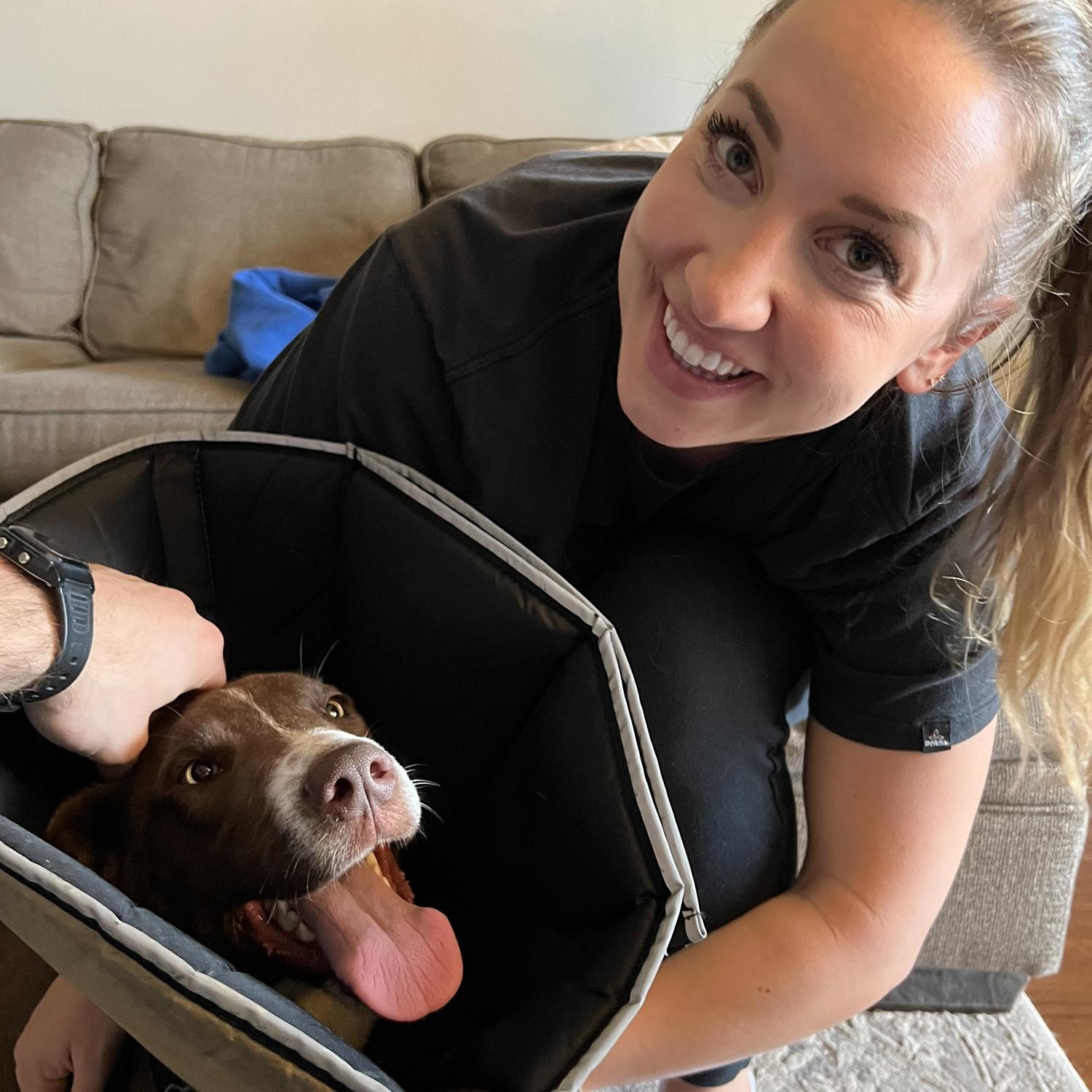 March 19, 2022: Shea and Brad adopted Minka, a young stray found in Tennessee. Minka was injured in TN at the shelter when she jumped a fence, and she spent her first three weeks in MA in a cone.