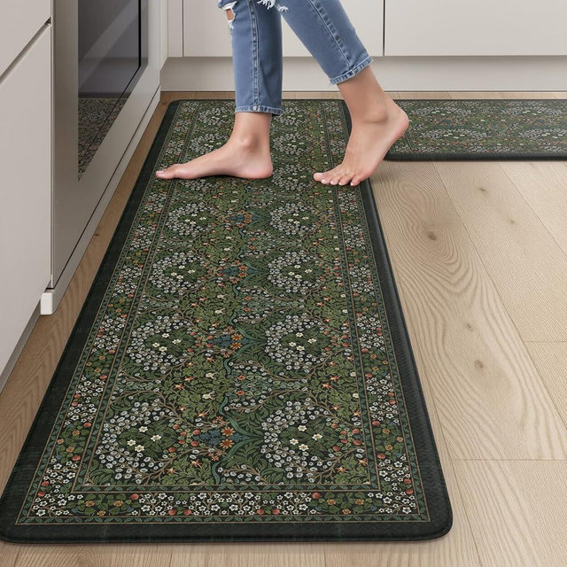 Collive Kitchen Mats Cushioned Anti Fatigue, Waterproof Kitchen Floor Mat Non Slip Desk Rugs Comfort Standing Rug for Sink, Office, Laundry, Home Decor, Dark Green