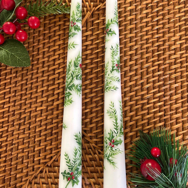 Pine and Holly Garland Hand Painted Ivory 10” Taper Candles