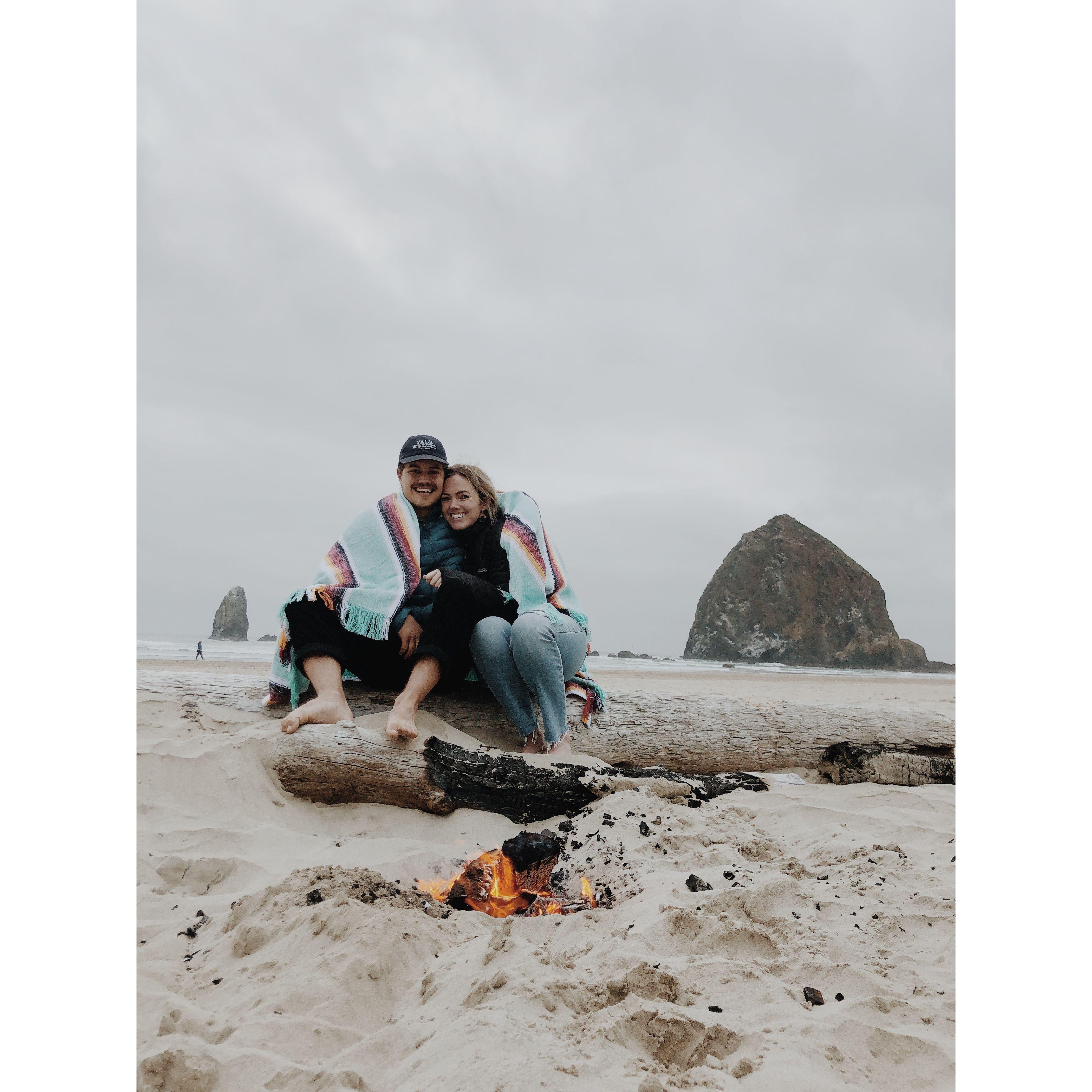 Bonfire on the beach during our first trip together in Oregon.