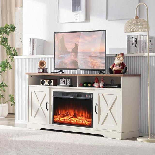 AMERLIFE Farmhouse TV Stand with 26" Fireplace, 63" Wood Rustic Entertainment Center with Fireplace and Barn Doors, Modern Media TV Console Cabinet with Adjustable Shelves, Rustic Oak & White