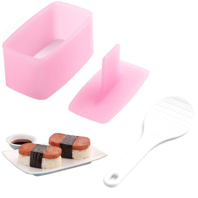 AYCCNH 1 Pack Non Stick Musubi Maker Press with Small Rice Paddle, Sushi Making Kit Onigiri Mold Luncheon Meat Press Hawaiian Musubi Maker Mold (Pink)