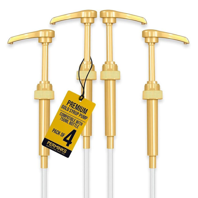 PERMINKS Premium Syrup Pump Compatible with Torani 750 ml Bottle, Davinci Syrups - No Spill, No Clog Syrup Pump Dispenser for Vanilla, Snow Cone, Blueberry, Coffee Flavoring & More (Pack of 4, Gold)
