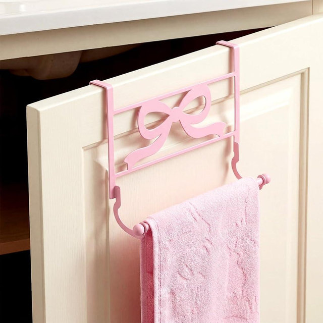 BrightRow Cabinet Door Towel Holder Pink Bow Over The Cabinet Cupboard Door Towel Rack Metal Decorative Kitchen Dish and Hand Towels Bar Holder Coquettish Preppy Decor for Bathroom Kitchen