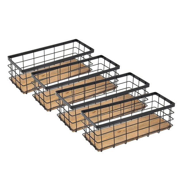 TIEYIPIN Farmhouse Small Metal Wire Storage Basket Bin, Rustic Home Storage Organizer with Wooden Bottom for Kitchen, Cabinets, Bathroom Counter, Pantry, Garage, Laundry Room - Black (4 Pack)