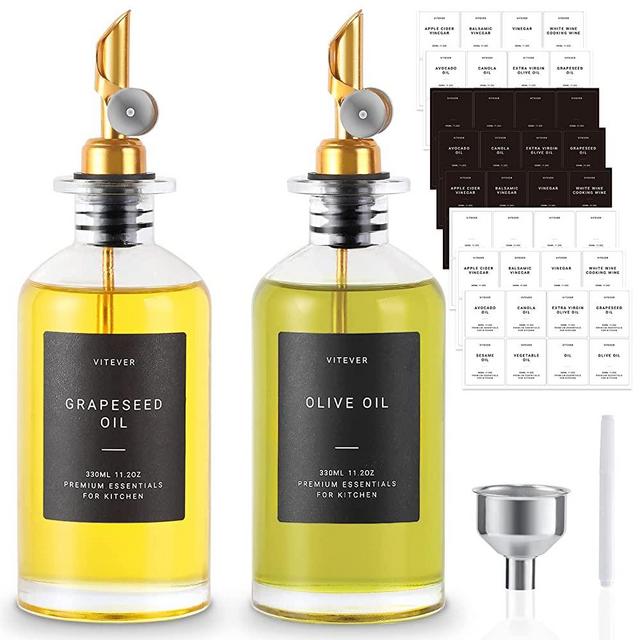 VITEVER Olive Oil Dispenser Bottle Set, Glass Coffee Syrup Dispenser for Kitchen, Gold Cooking Oil and Vinegar Dispenser Set with Weighted Pourer, Funnel and 64 Labels