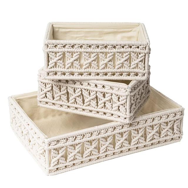 Livalaya Macrame Storage Baskets and Decorative Bins with Lining, Woven Boho Basket Box Organizers for Bathroom Countertop, Bedroom, Baby Nursery and Bohemian Home Office Organization Set of 3, US Brand