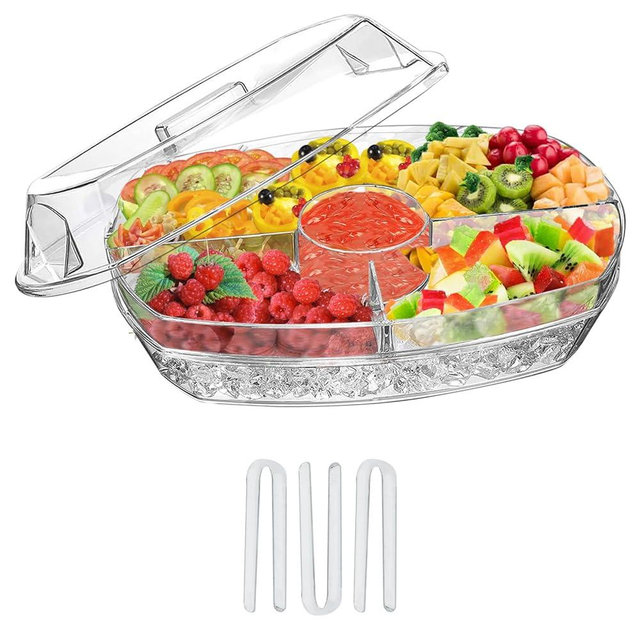 Chilled Veggie Trays for Parties,Appetizer Serving Tray on Ice,15 Inch Party Platter with 4 Compartments for Fruit, Vegetable, Appetizer, Shrimp