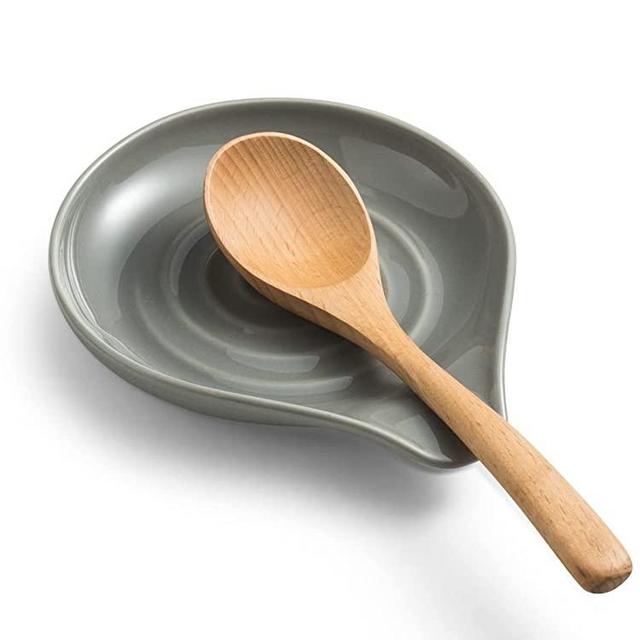 Spoon Rest for Kitchen Countertop Porcelain Spoon Holder for Stove Top Large Holder for Spatula, Spoons or Tongs, Framhouse Decor, Gray