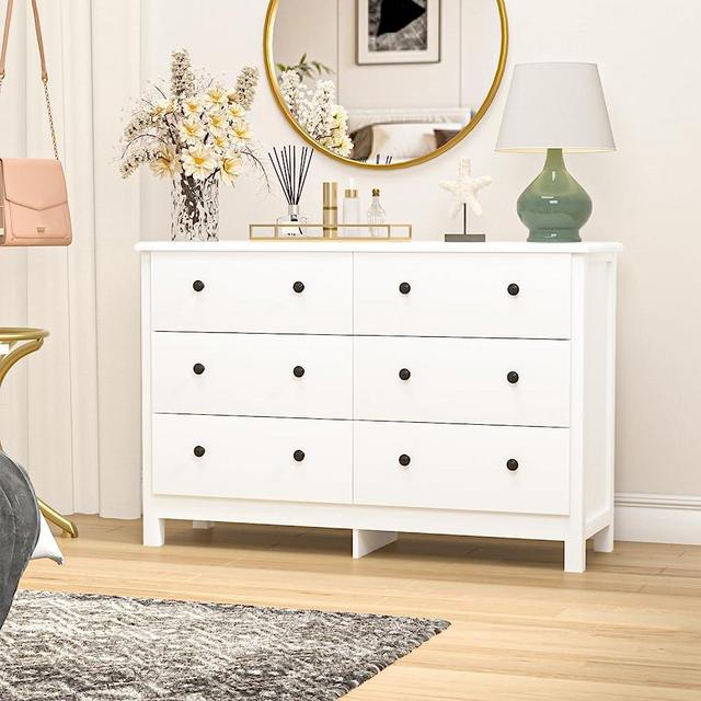 SINROM White Dresser for Bedroom, Modern 6 Drawer Dresser for Kids Room, Wide Chest of Drawer with Gold Pulls