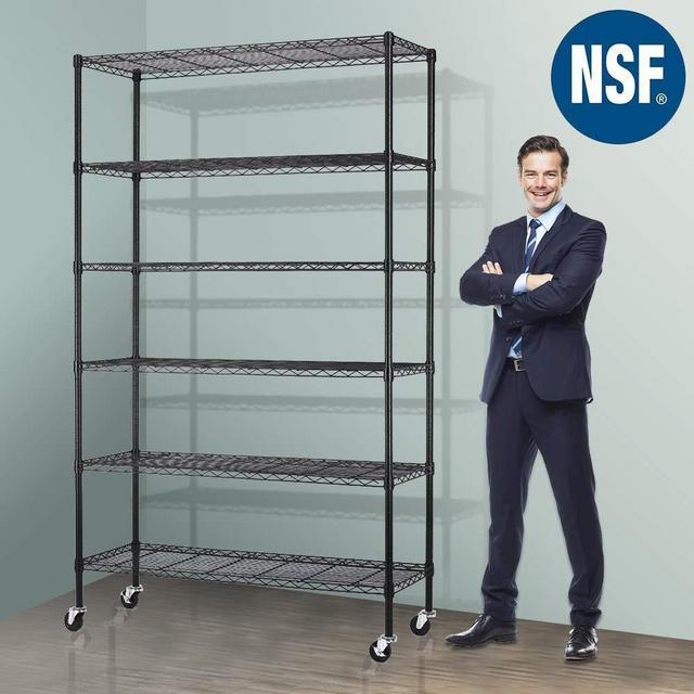 Storage Metal Shelf Wire Shelving Unit with Wheels 82"x48"x18" Sturdy Steel Heavy Duty 6 Tier Layer Rack with Casters for Restaurant Garage Pantry Kitchen Garage Rack Black