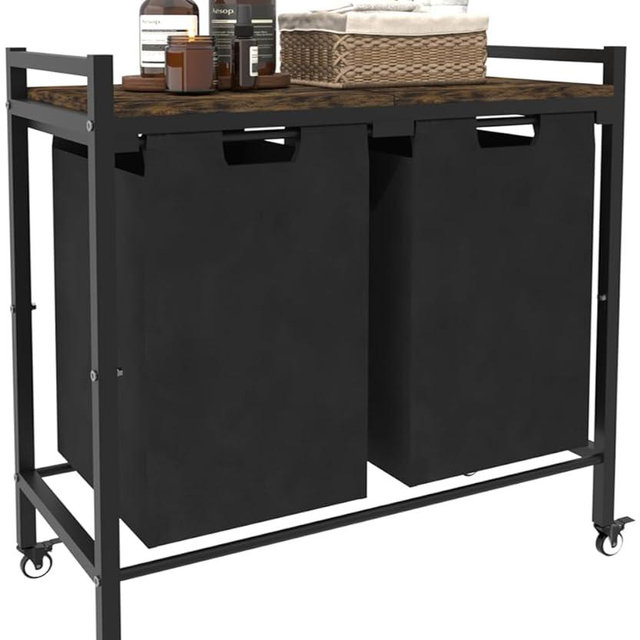 Waaliji 12 x 2 Gal Large Laundry Hamper with Wheels, 2 Pull-Out & Removable Sorter Bags, Freestanding Clothes Basket Organizer for Clothing or Toys in Bathroom and Living Room, Rustic Brown and Black