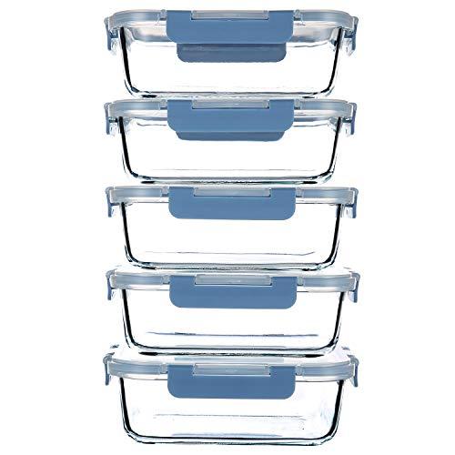 34OZ Glass Meal Prep Containers with Leakproof Lids,5-Pack BPA-Free Grey Blue Glass Food Storage for Kitchen