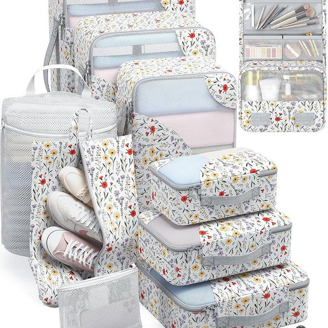 ALL INCLUDED 10 Set Durable Packing Cubes for Suitcases,OlarHike Essentials for Travel,UPGRADED Anti-Tear Stitching, NEW Improved Luggage Packing Organizers for Travel Accessories (Flower)