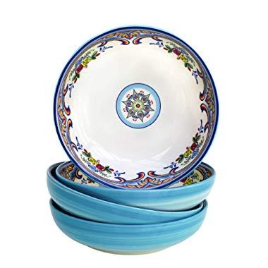 Euro Ceramica YS-ZB-1001-5 Earthenware Pasta Set Dining Bowls, Service for 4, Spanish Floral Design, Multicolor Blue