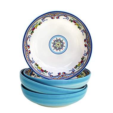 Euro Ceramica YS-ZB-1001-5 Earthenware Pasta Set Dining Bowls, Service for 4, Spanish Floral Design, Multicolor Blue