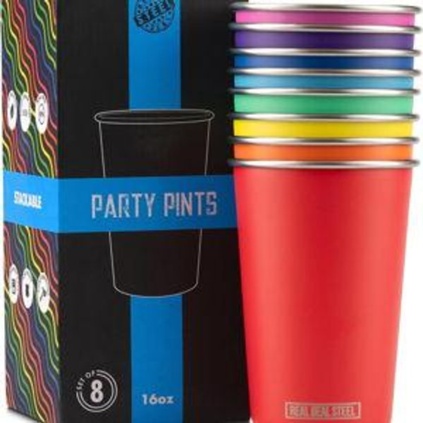 Real Deal Steel Rainbow Cups 16 oz Pint Cups, Stackable Tumblerrs, Eco Friendly Premium Metal Drinking Glasses