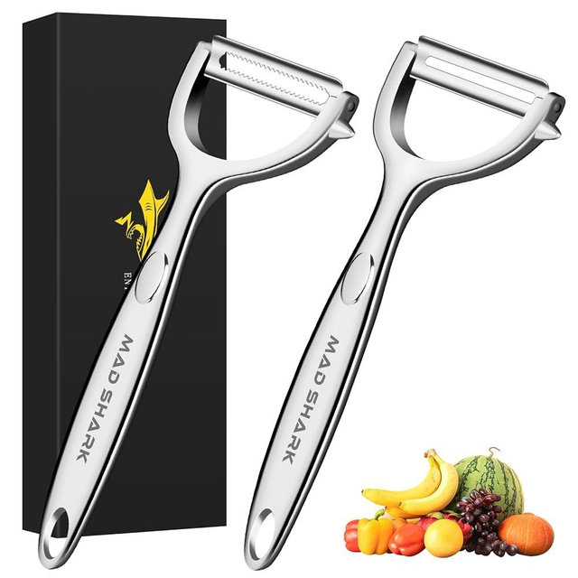 MAD SHARK Ultra Sharp Vegetable Peelers for Kitchen Fruit Apple Potato Peelers,Design with Ergonomic Non-Slip Handle, Y-Shaped Stainless Steel Serrated（Flat&Serrated Blade 2pc）