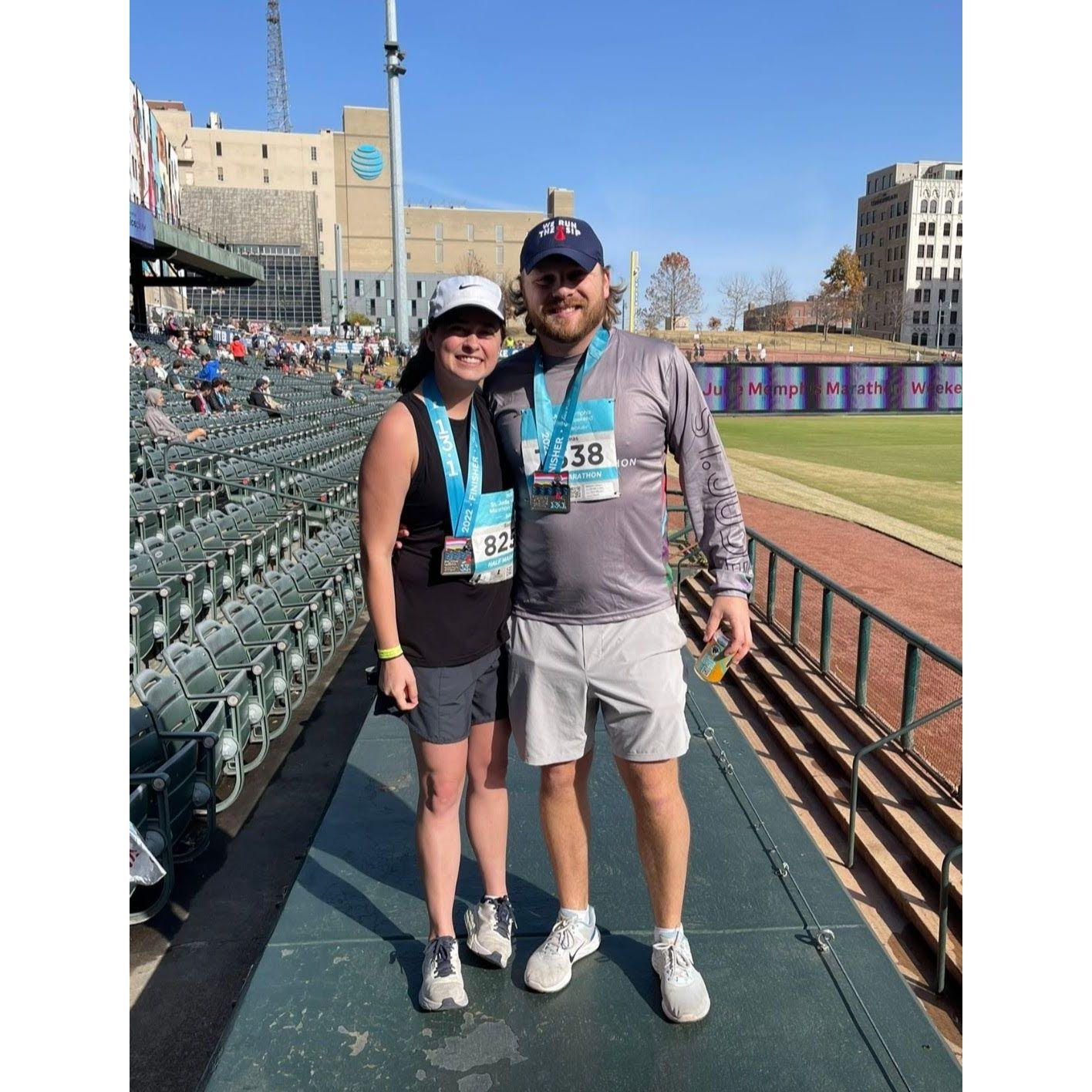 Our half marathon in Memphis (Sarah beat me)