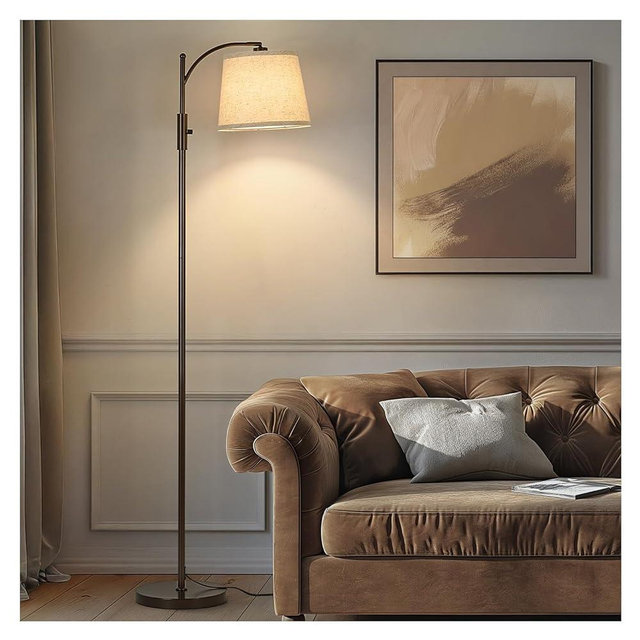 AIDENOEY Fully Dimmable Floor Lamp for Living Room，Standing Lamp Rotary Switch with Linen Beige Shade，Brown Tall Lamps for Bedroom with Adjust Head，9W LED Bulb Included