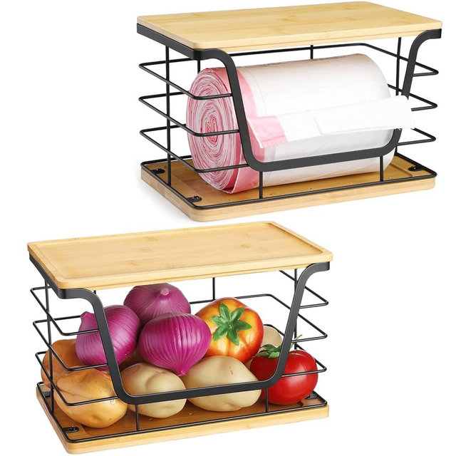 ALOCEO 2 Pack Large Garbage Bag Dispenser for 13/30/33 Gallon Bags, Potato and Onion Storage Baskets with Bamboo Lid, Stainless Steel Stackable Storage Bins for Kitchen Laundry Pantry Room