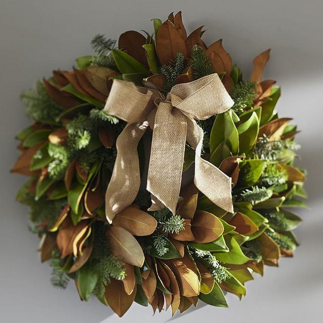 Fresh Magnolia & Noble Fir Wreath with Burlap Ribbon