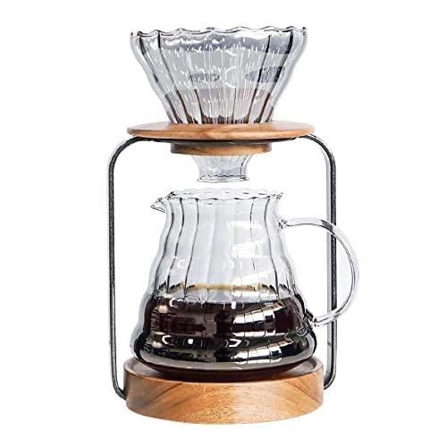 SOTECH Pour Over Coffee Station Dripper Stand Coffee Filter Wooden Filter Holder Glass Server with Paper Coffee Filters, Coffee Maker Stand Set for Coffee Tea and Saffron