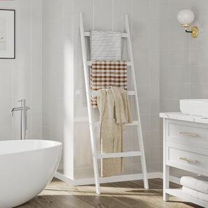 Towel Ladder Racks For Bathroom 5 Layers Towel Holder 100% Bamboo Wood Sturdy Construction No Need Wall Drilling Quilt Scarf Storage Solution Decorative Leaning Shelf for Living Room (White)