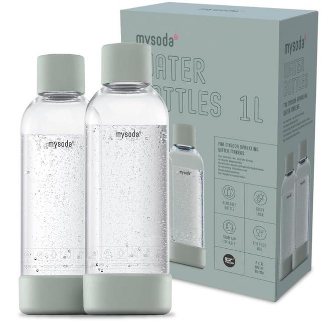 Mysoda Carbonating Bottles 2Pck 1L - Compatible, Drink mate, Wassermaxx, Aqvia, Sodapop & Levivo - Quick-Lock Reusable Bottles - Lid & Base Made of Wood Composite - BPA Free - Sage Green