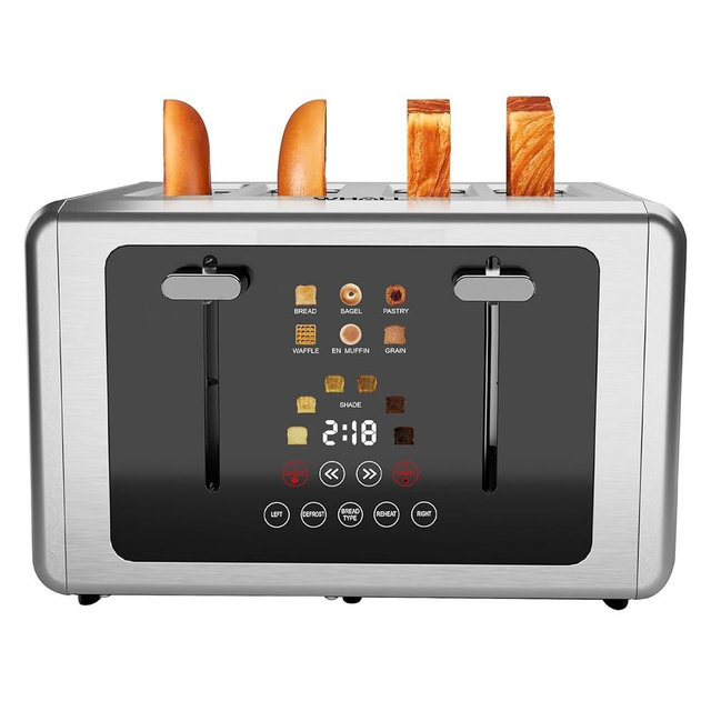 whall 4 Slice Touch Screen Toaster, Stainless Steel Toasters Digital Timer, Dual Control Panel Toasters，6 Shade Settings＆6 Bread Types, Smart Wide Slots, Bagel, Cancel, Defrost,Gray