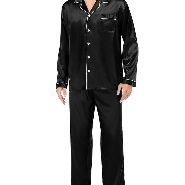 SWOMOG Mens Silk Satin Pajamas Set Long Sleeve Sleepwear Button-Down Pj Two-piece Loungewear with Long Pants S-XXL