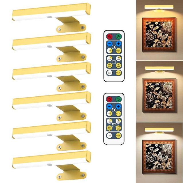 6Pack Wireless Picture Light with Remote,Battery Operated Wall Sconces for Wall Decor,3 Color Timer&Dimmable Paintings Light LED Art Display Lamp Picture Frame Light for Artwork Posters Gallery-Gold