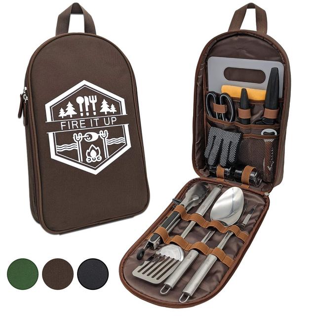 BOMKI Grilling Camping Cooking Set for Outdoors BBQ - Stainless Steel RV Camp Kitchen Equipment Cookware Grill Tool Camping Accessories Kit in Lightweight Stylish Crossbody Travel Carrying Bag Gear